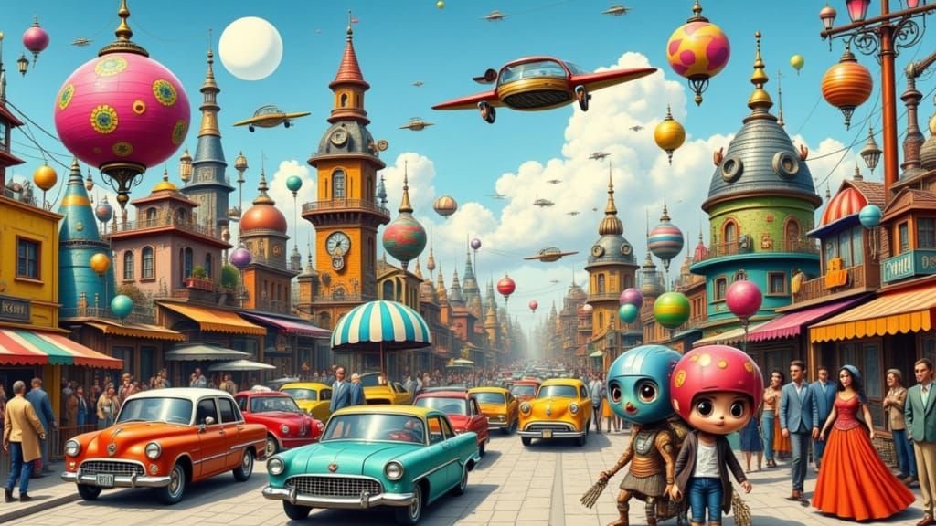 Whimsical Cityscape with Flying Cars and Robots