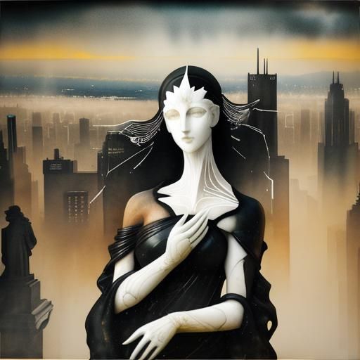 Marble Statue and Dystopian Cityscape in Double Exposure