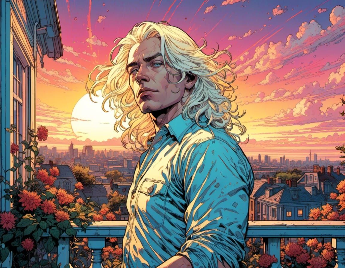 Albino Man Portrait on Balcony at Sunrise
