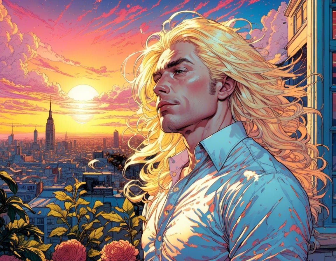 Sunrise Portrait of Albino Man in Comicbook Style
