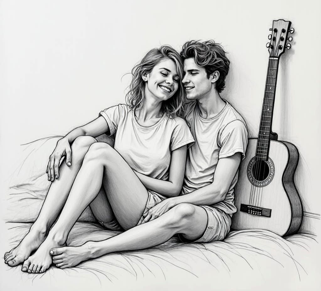 Teen Couple Relaxing on Bed, Rough Sketch