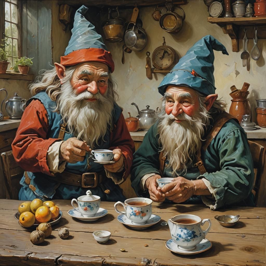 Gnomes' Tea Party: Old Master Oil Painting