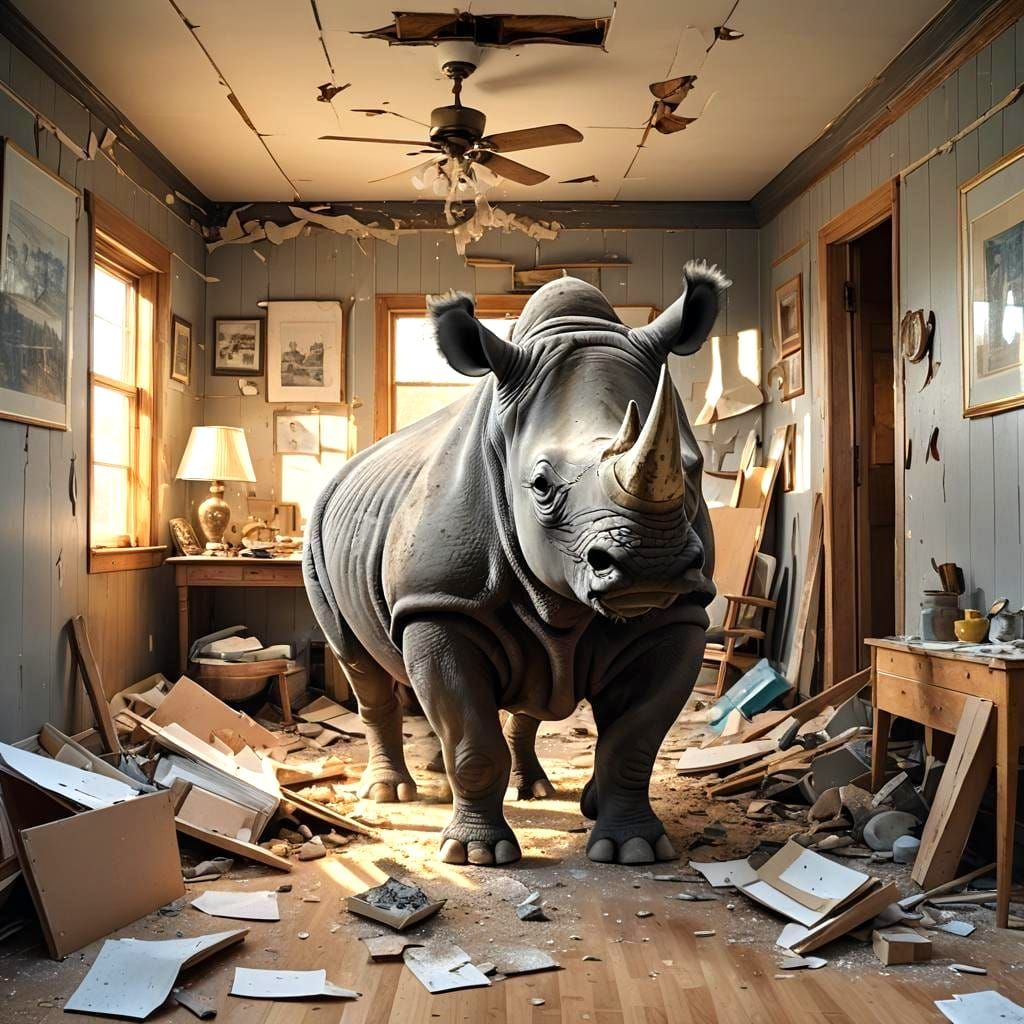 Rhinoceros Breaks Through Living Room Wall
