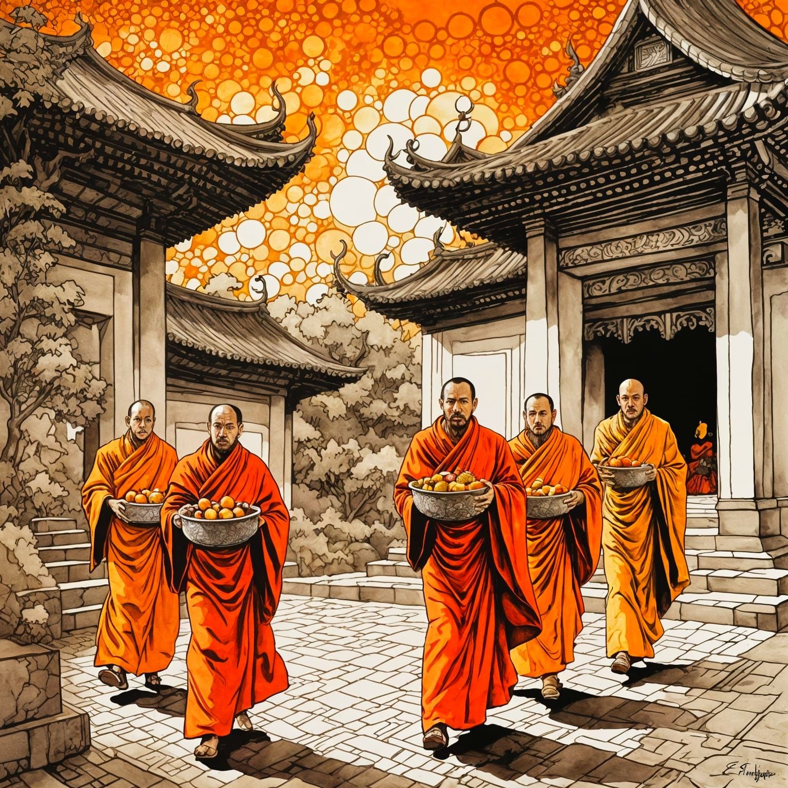 Monks Carrying Food: Watercolour and Cubism Fusion