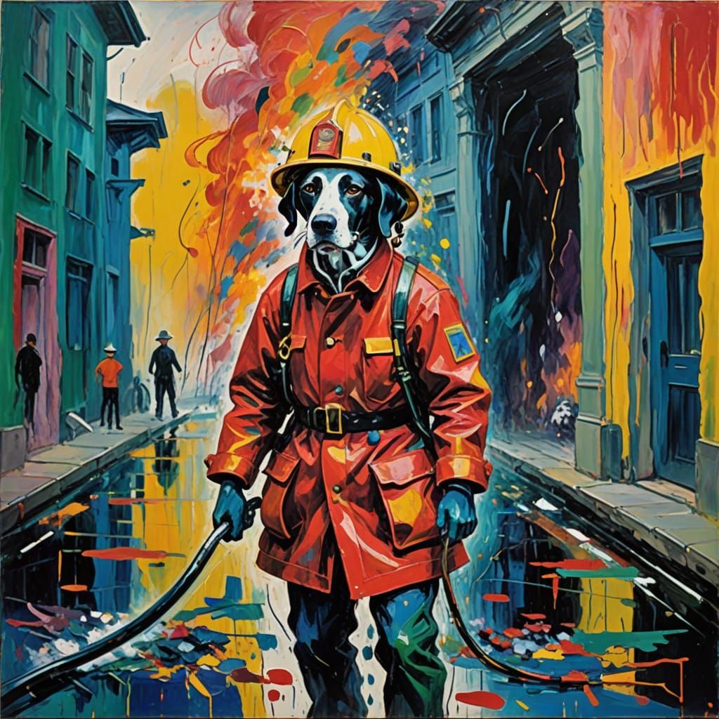 Dalmatian Firefighter Rescues in Expressionist Scene