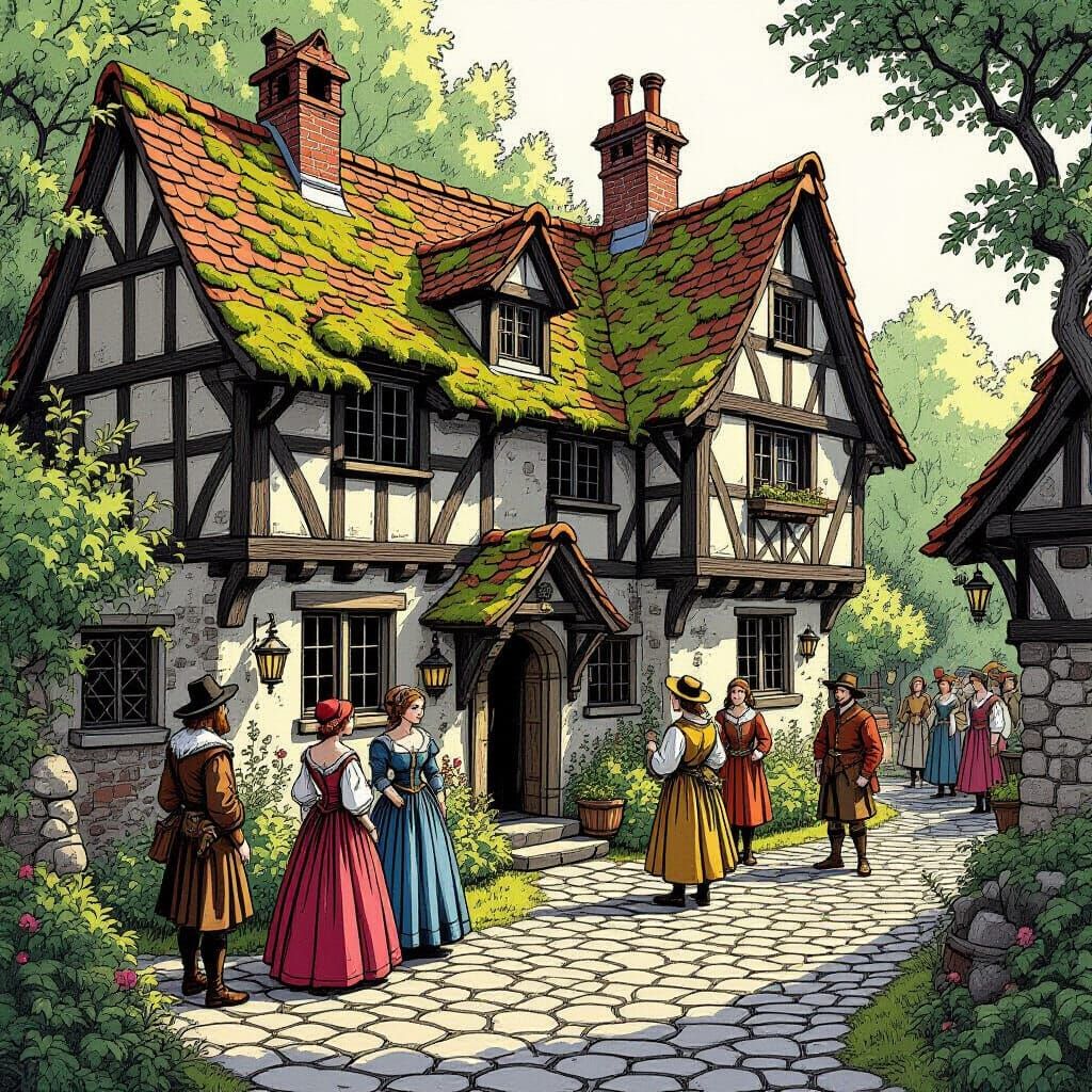 Renaissance Characters at Rustic Inn in Charcoal Drawing Sty...