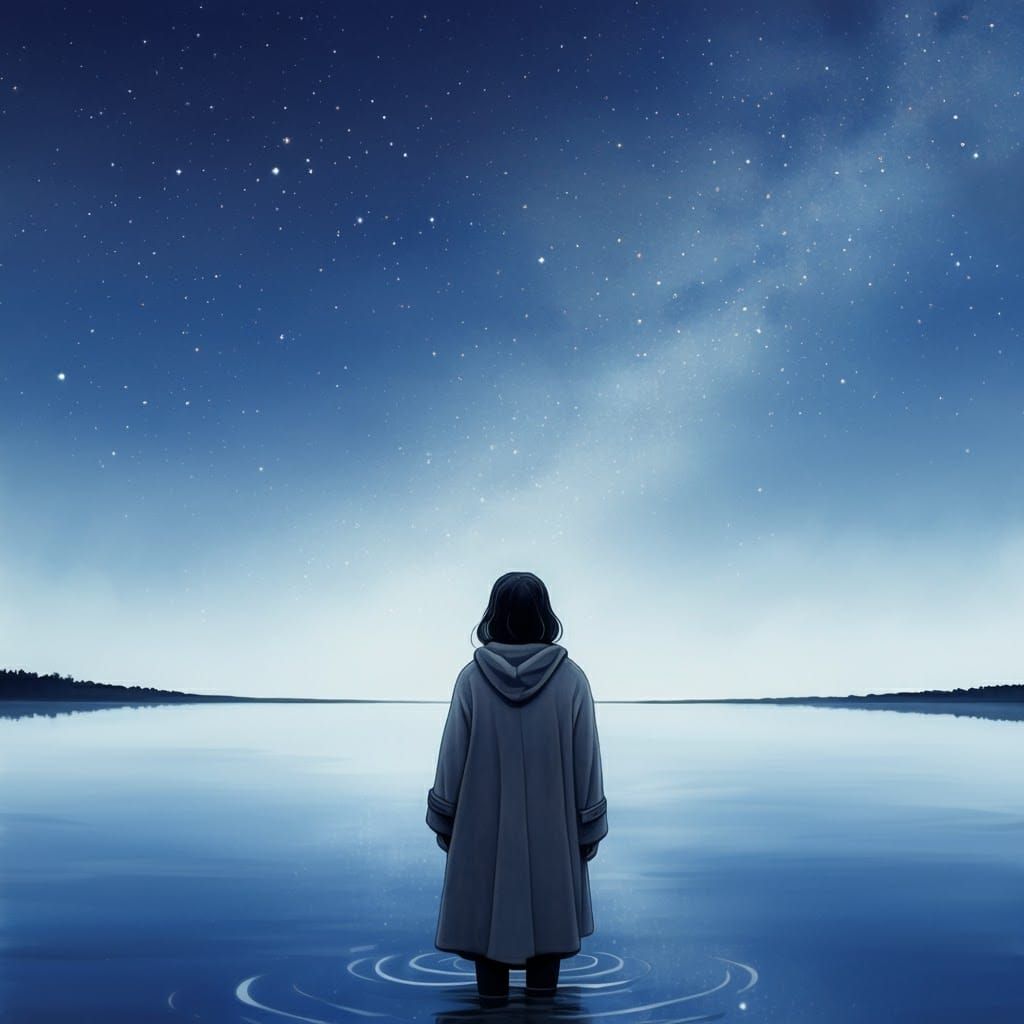 Ethereal Figure Gazing at Starry Sky