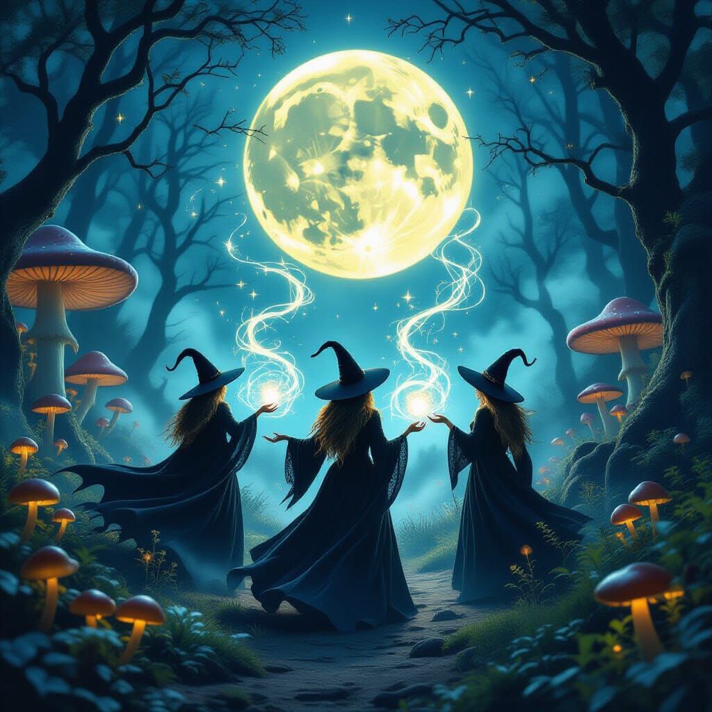 Mystical Coven Casting Spells Under Full Moon