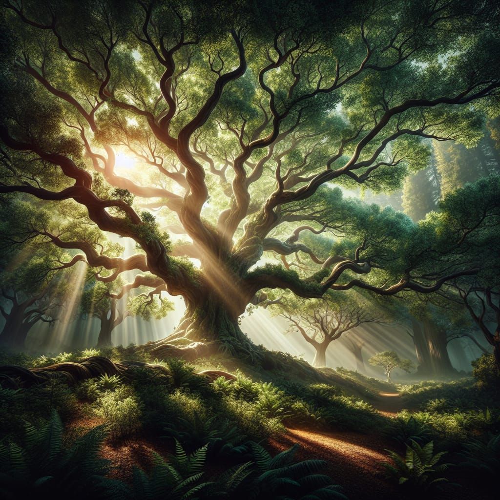 Hyperrealistic Oak Tree Concept Art in Sunlight