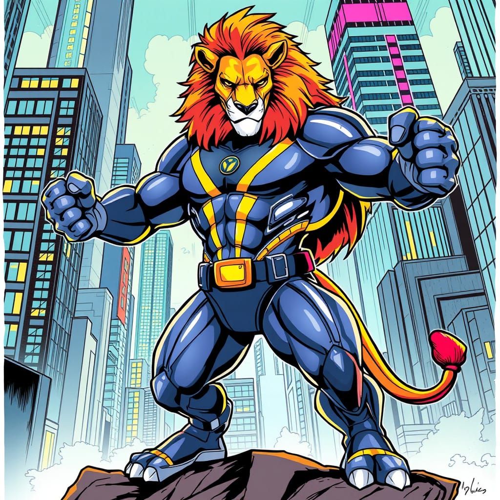 Lion Superhero in Dynamic Comic Book Style