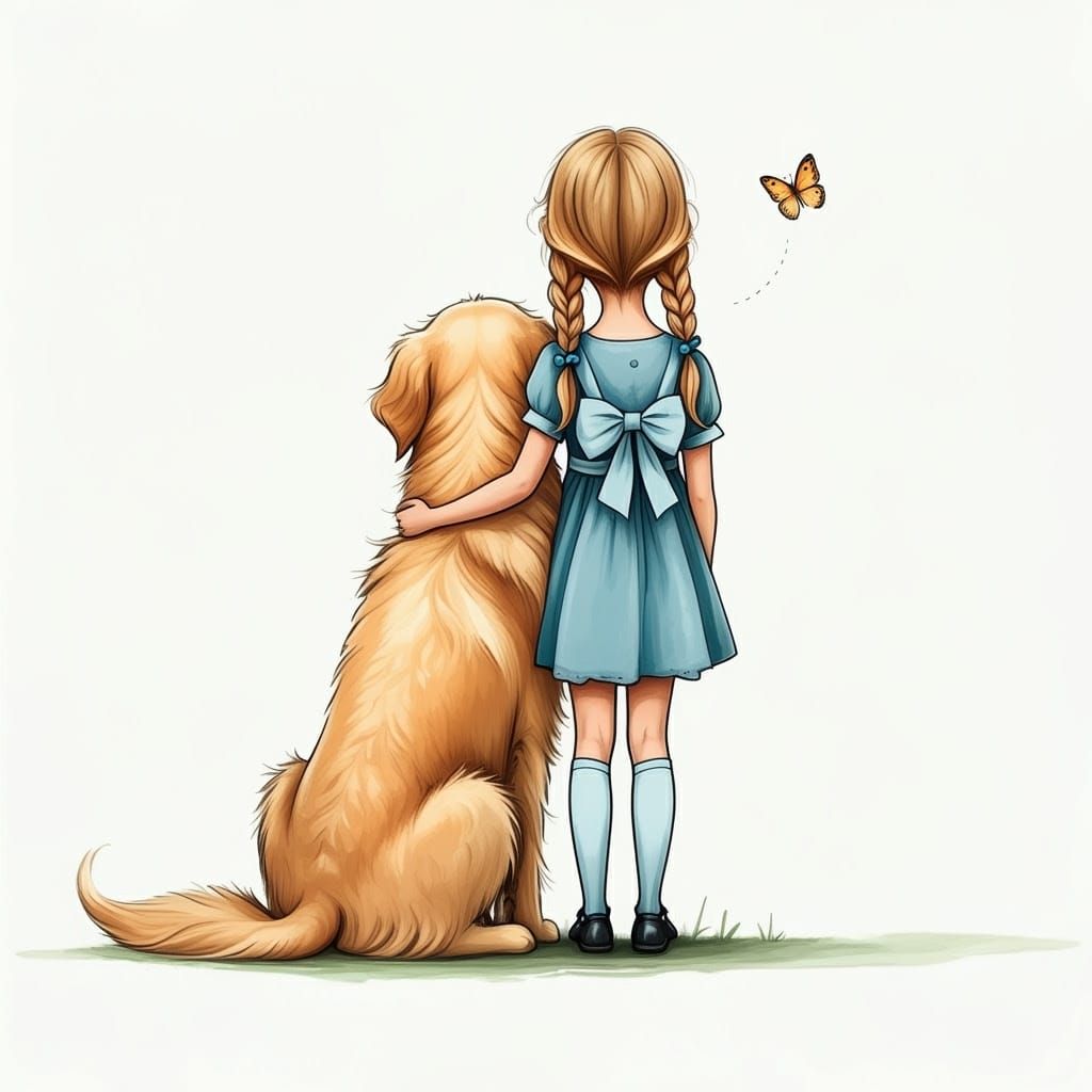 A Young Girl Embracing a Loyal Golden Dog in a Heartwarming...