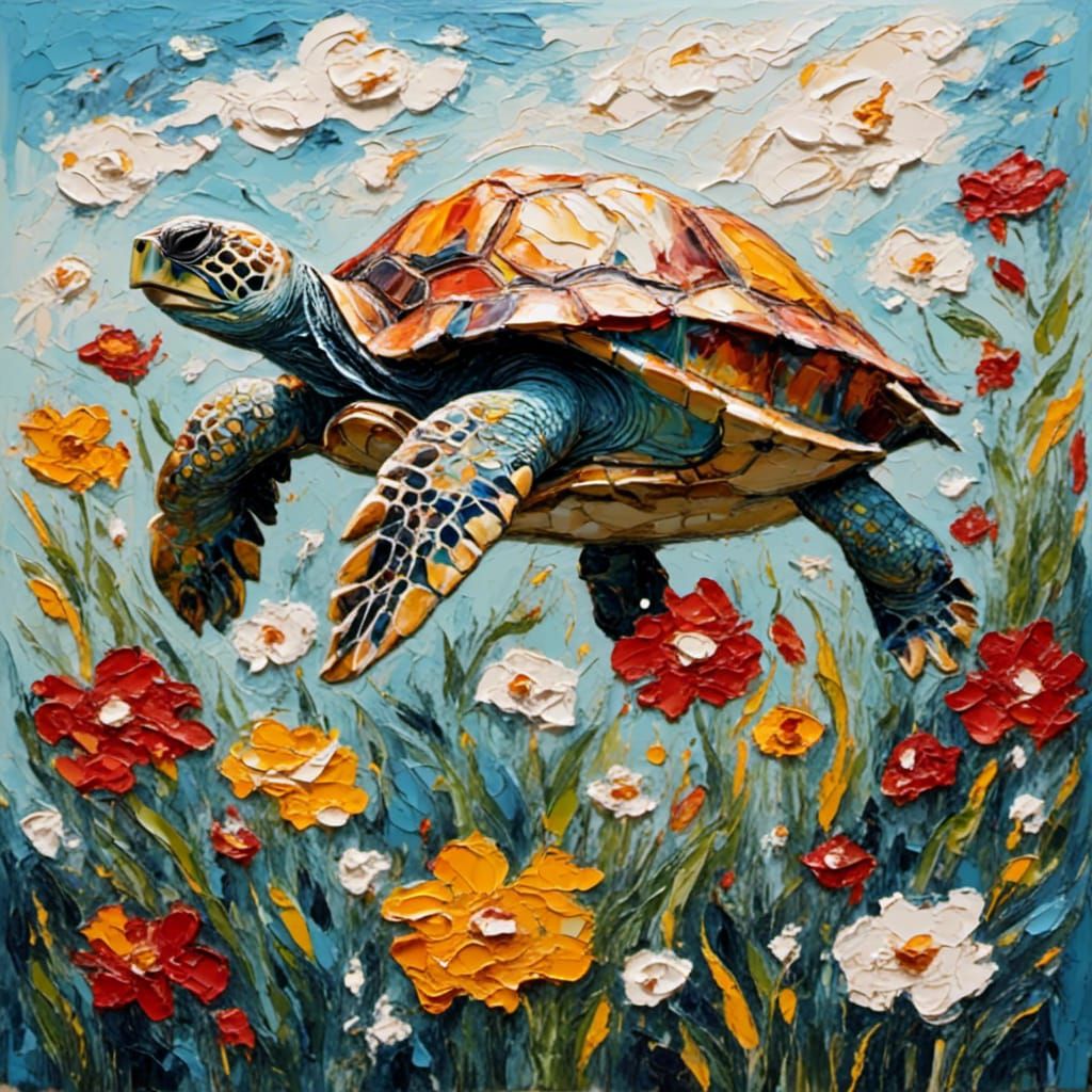 Charming Turtle in Flower Field as Impasto Painting