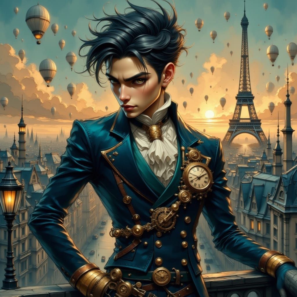 Steampunk Aristocrat on Parisian Rooftop at Dusk