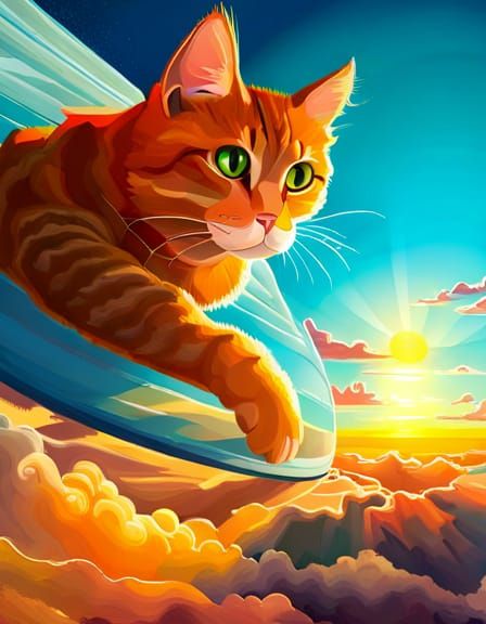 Hyperrealistic Orange Cat Skydiver at Sunset