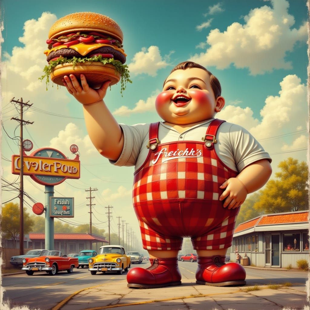 Big Boy Statue Holds Hamburger in Retro Diner Lot