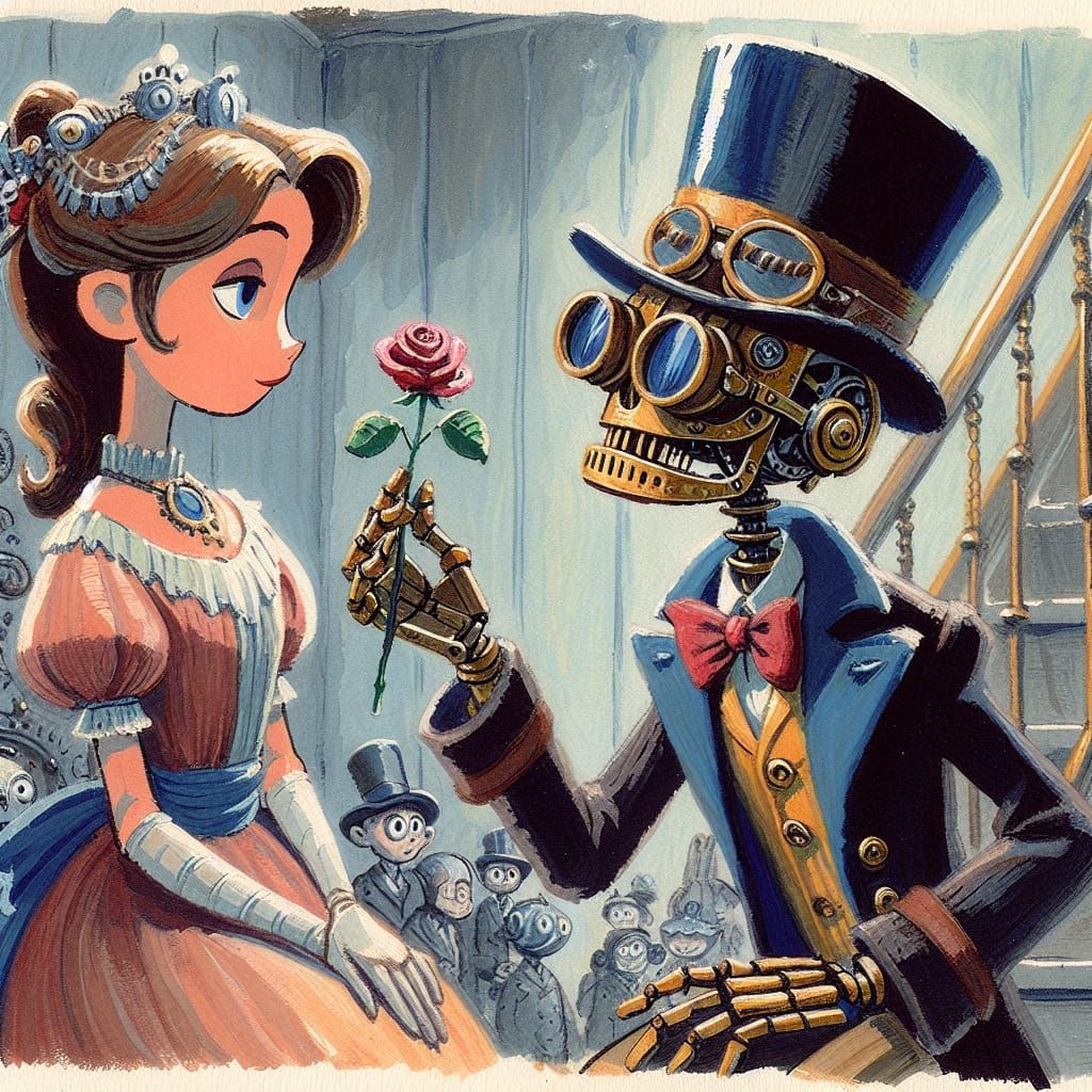 Steampunk Romance in Gouache Illustration Style