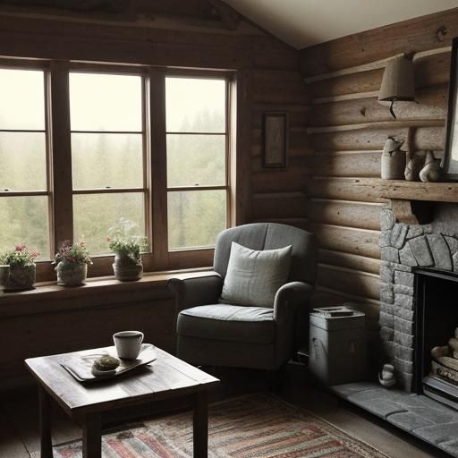 Cozy Cabin Watercolor Painting of Girl with Tea