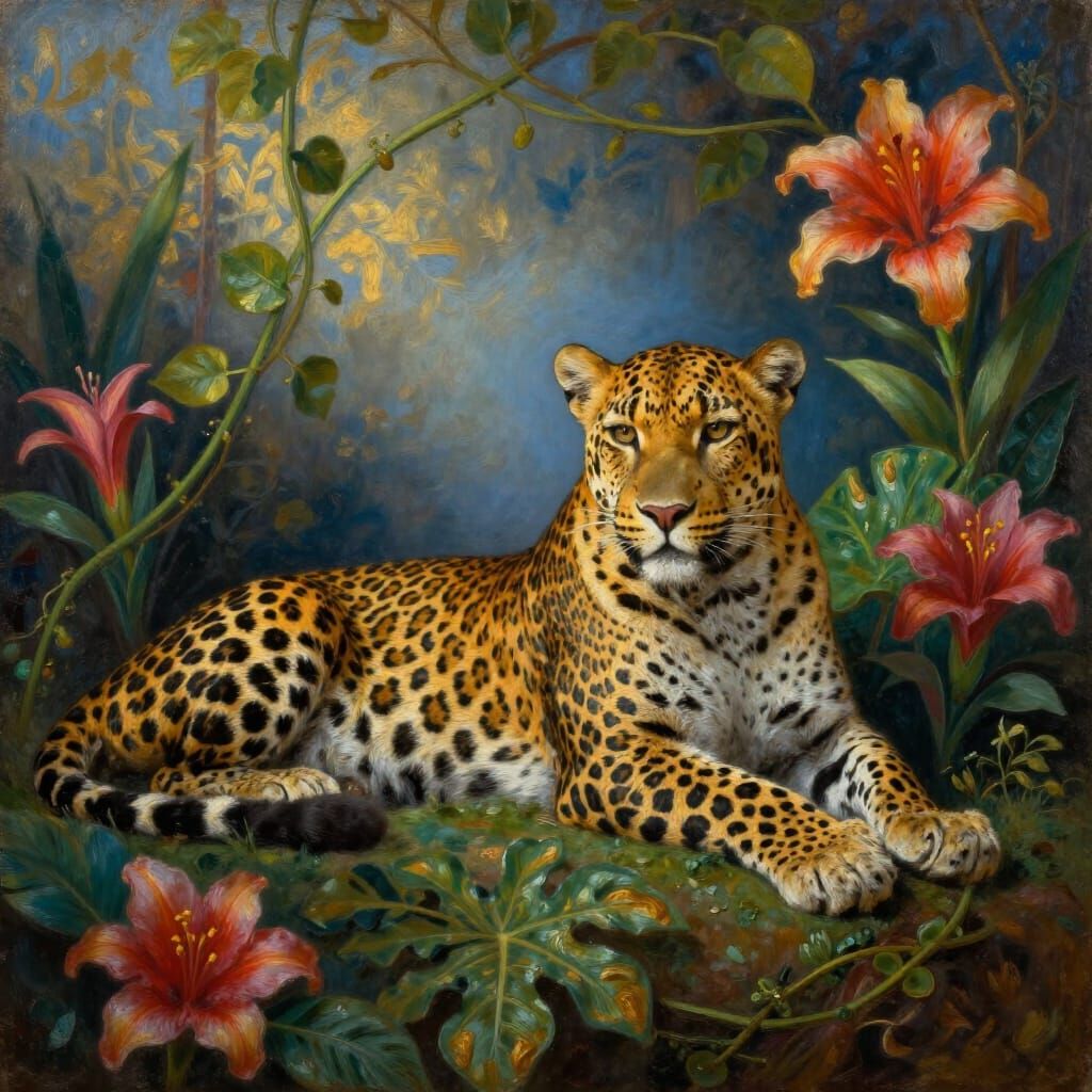 Detailed Oil Painting of Leopard in Lush Floral Vines