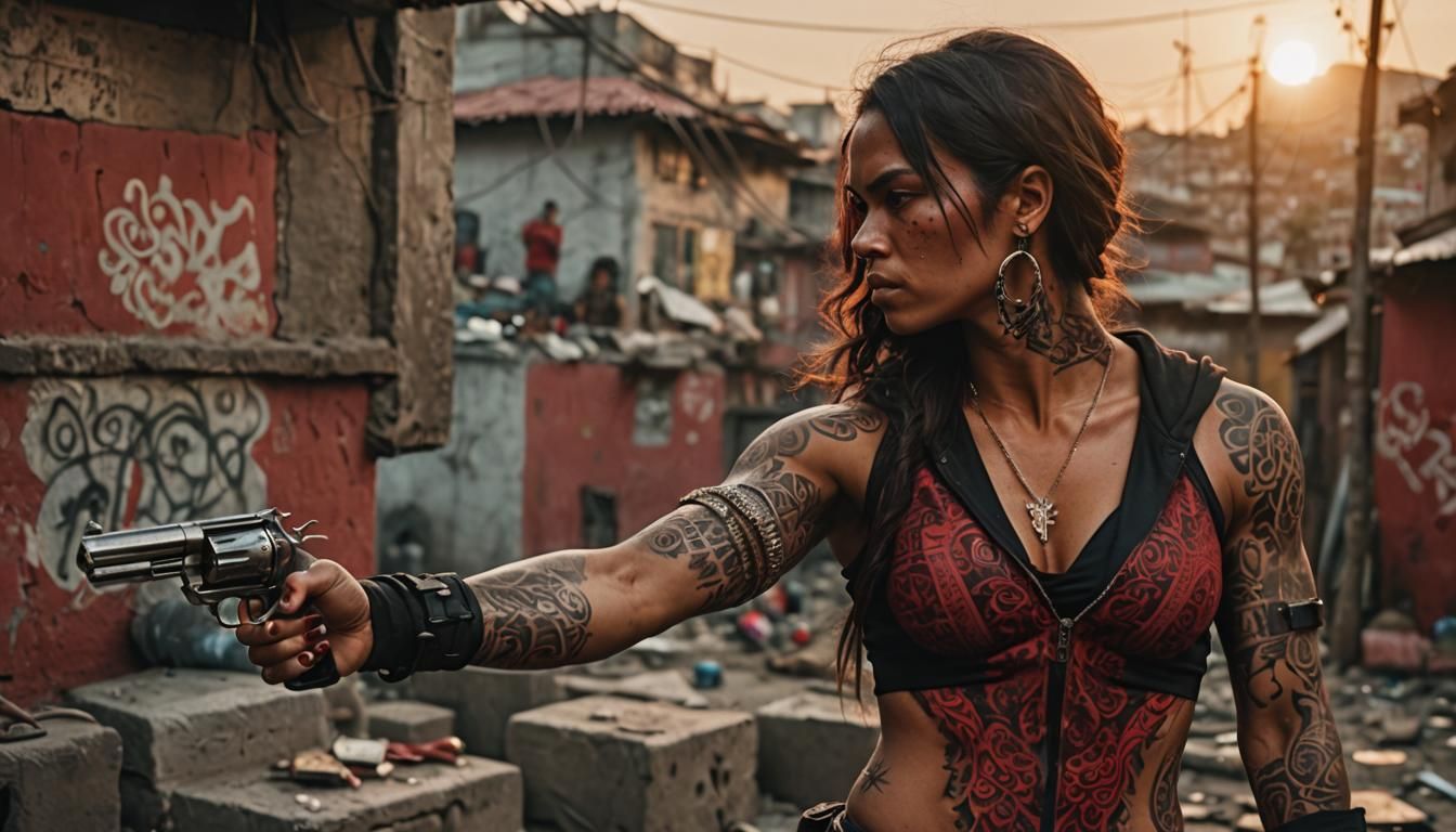 Muscular Woman with Revolver in Favela, Cinematic Style