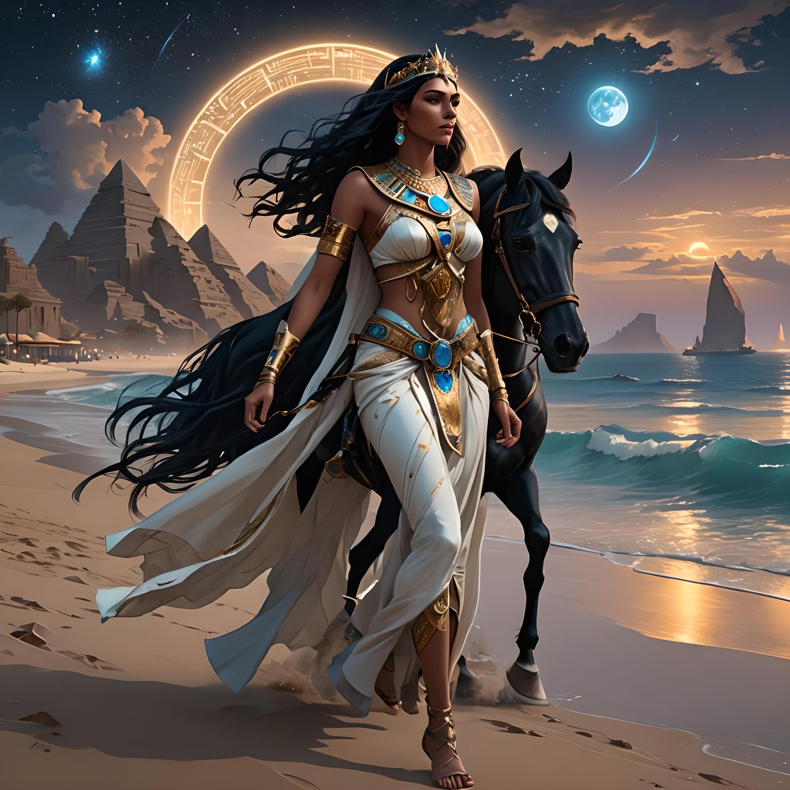 Egyptian Princess with Horse Under Galactic Sky