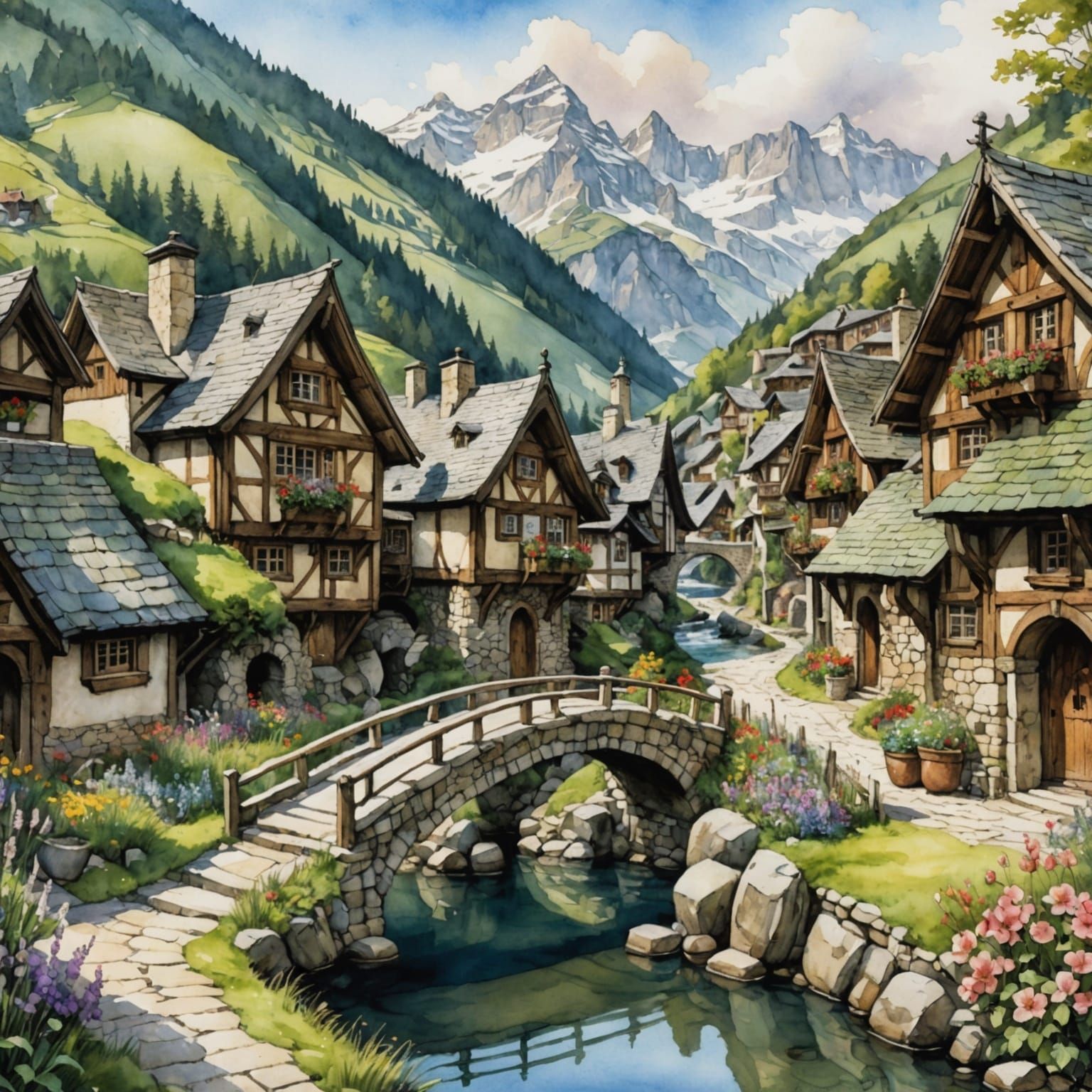Whimsical Alpine Village in Watercolor and Ink