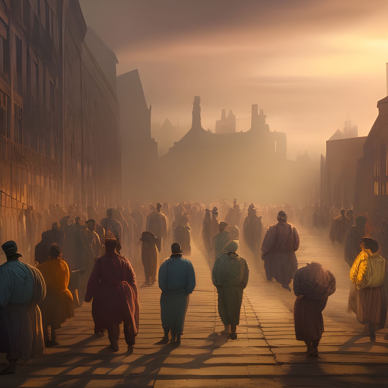 Victorian Mill: Workers at Sunrise in Matte Painting