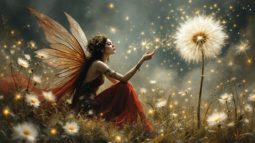 Steampunk Fairy Blowing Dandelion in Dark Art Style