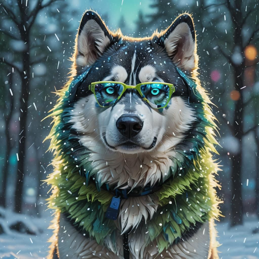Husky in Snow with Neon Glasses, Splash Art Style