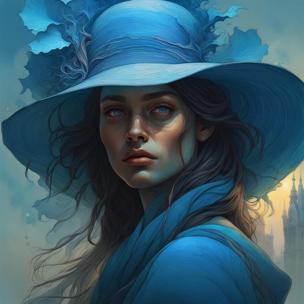 Woman in Blue Hat: Surreal Dark Art Portrait