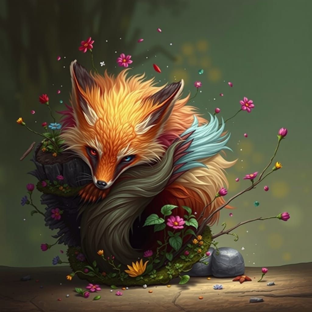 Majestic Fox Surrounded by Lush Forest Foliage in Dreamy, Su...