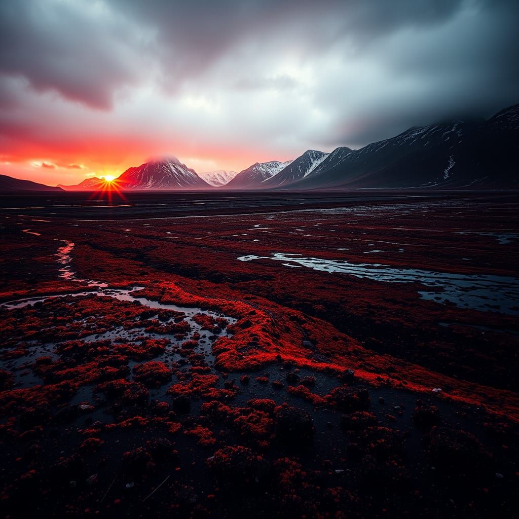 Dramatic Icelandic Landscape with Glowing Orange and Red Lig...