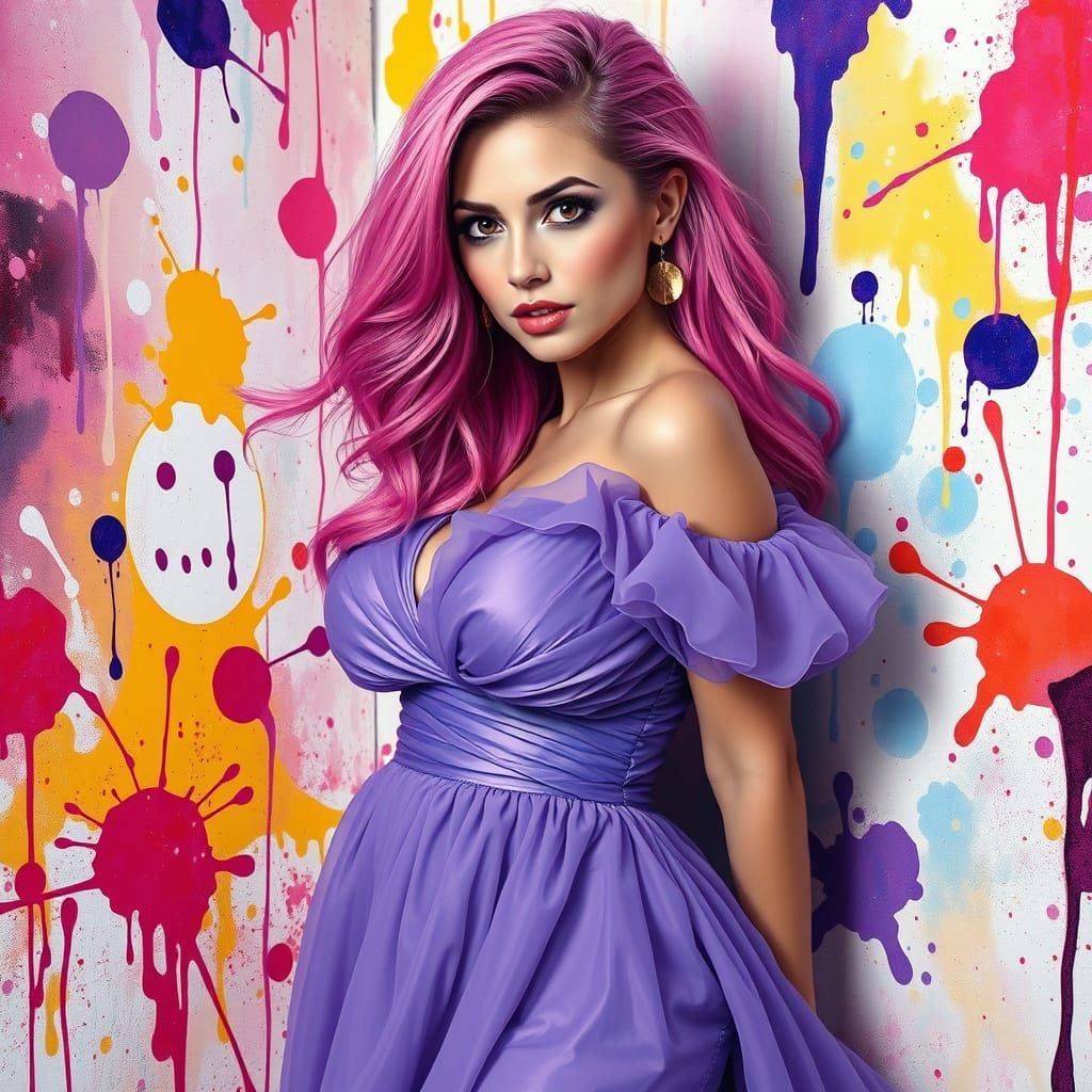 Pink-Haired Woman in Bubble Dress with Graffiti Art