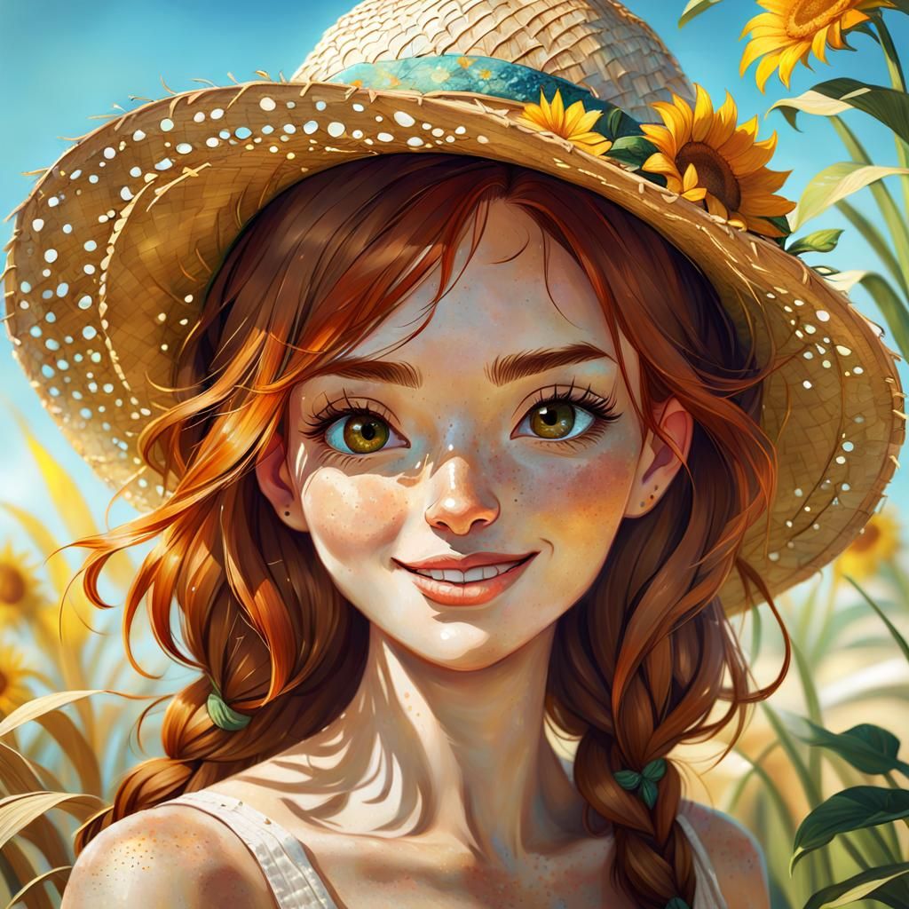 Freckled Elf Girl in Straw Hat, Fantasy Art