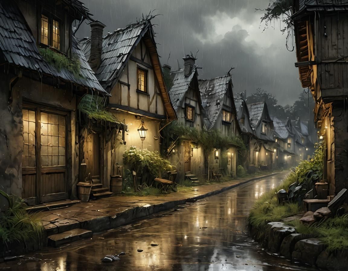 Rainy Village Scene in Watercolor and Ink