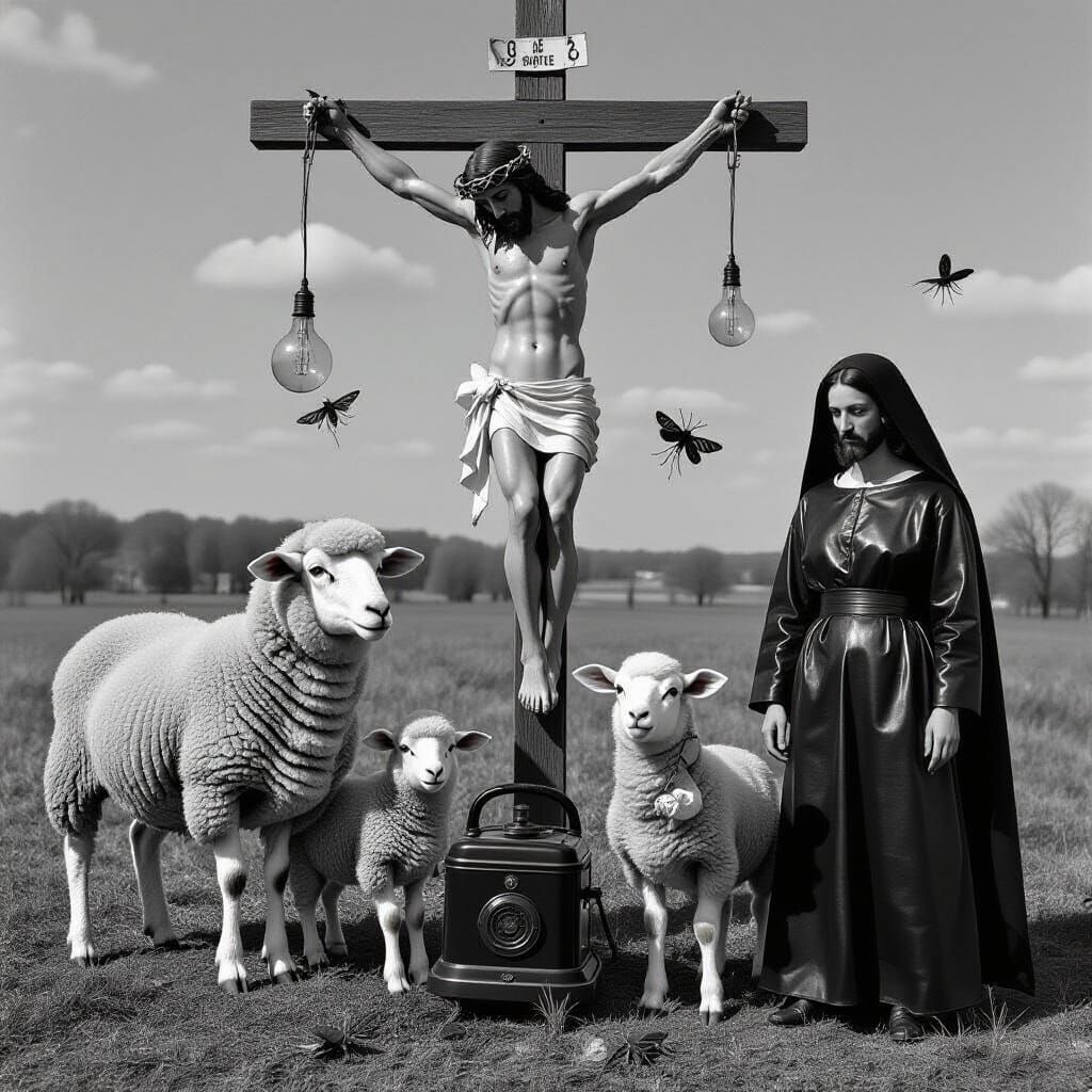 Surreal Hybrid Lambs in Haunting Monochrome Scene