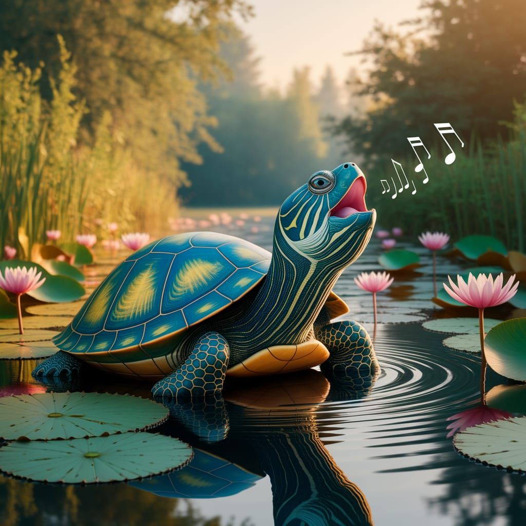 Singing Turtle in Sunlit Pond