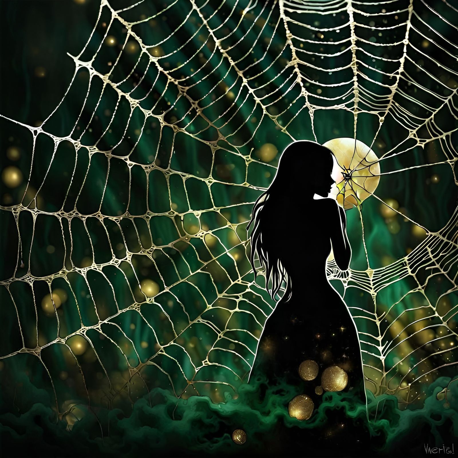 Gothic Girl in Spiderweb on Gold Marble Background