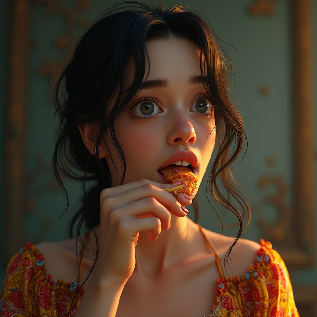 Vibrant Woman Swallows Food Whole in Exquisite Detail