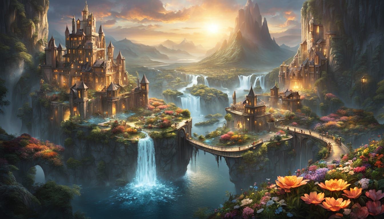 Ethereal Utopia Floating Islands with Waterfalls