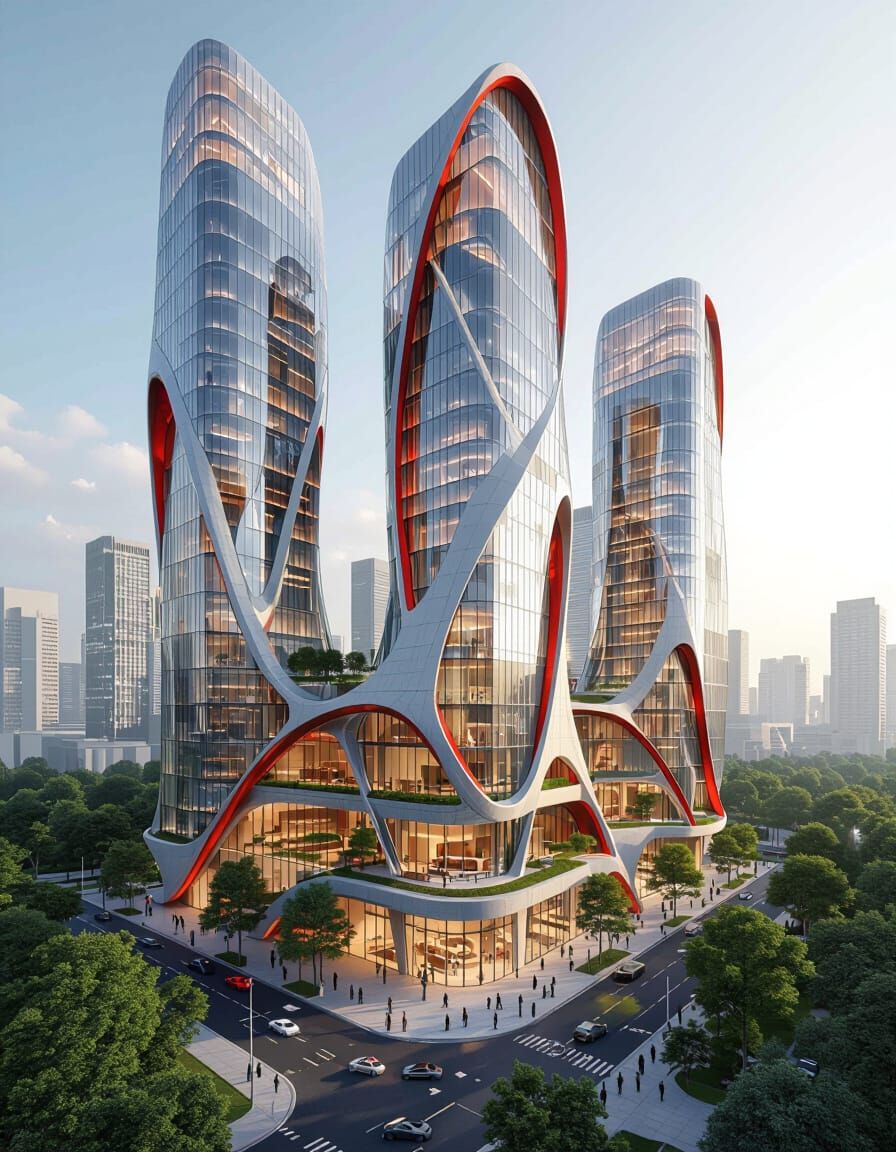 Futuristic Organic Skyscrapers in Zaha Hadid Style