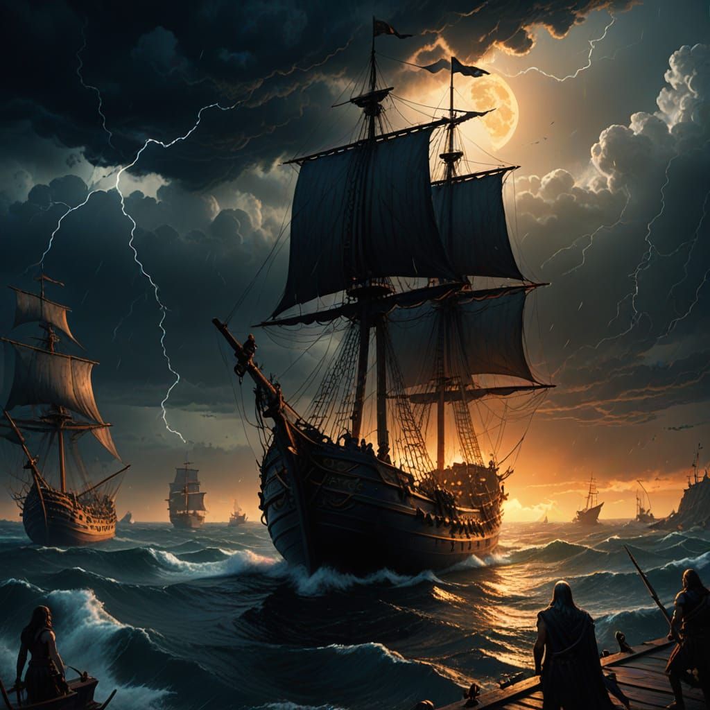 Dark Fantasy Sirens Board Ancient Ship in Stormy Skies