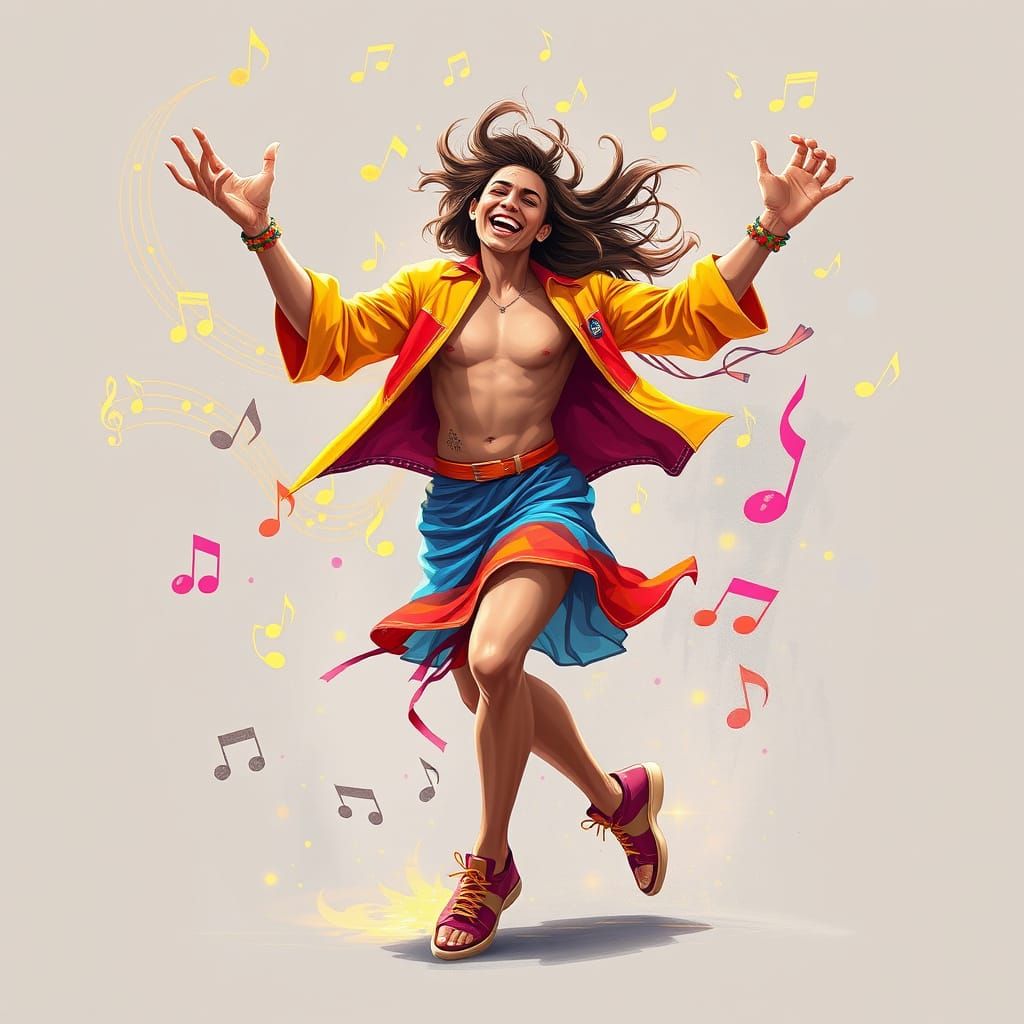 Joyful Dancer Surrounded by Music and Lights
