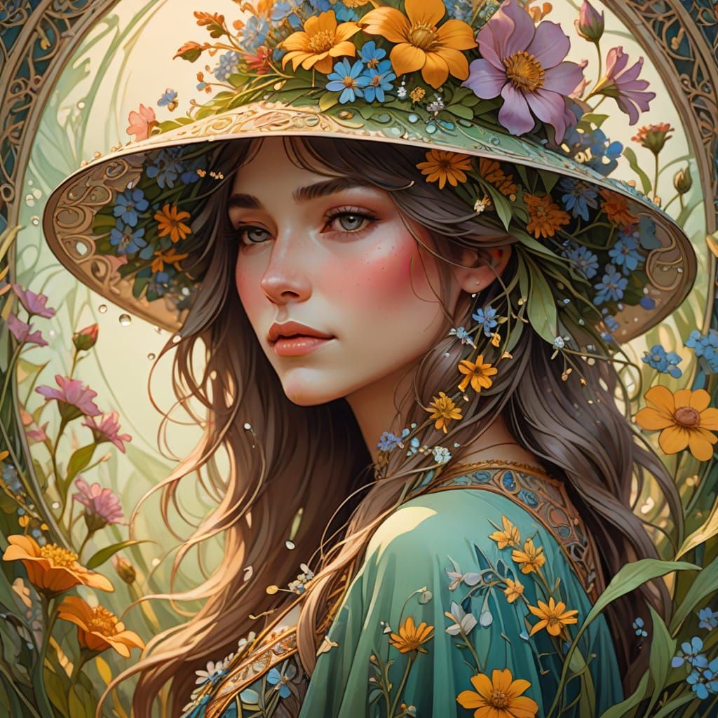 Ethereal Woman with Wildflower Hat in Digital Painting Style
