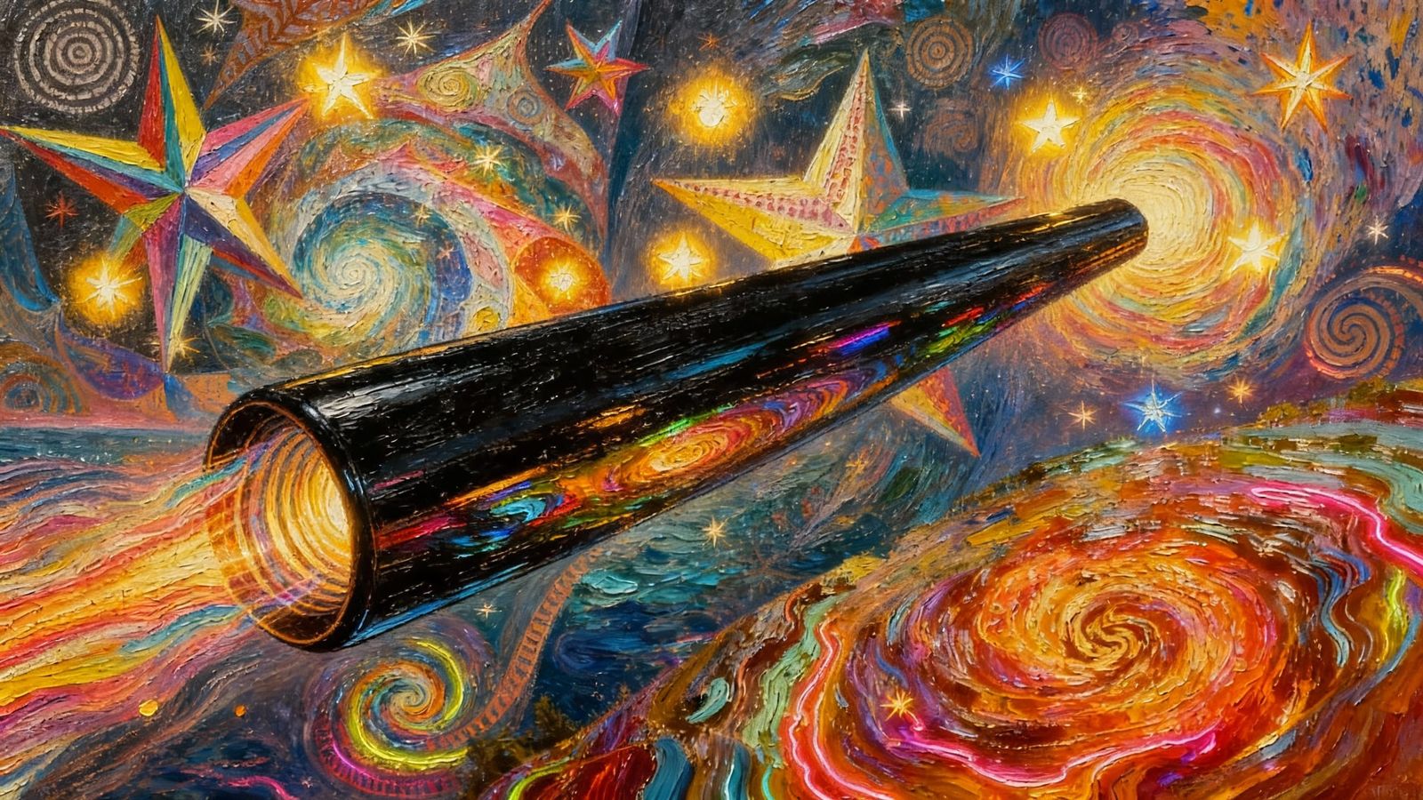 Sleek Black Cylinder in Surreal Neon Cosmos