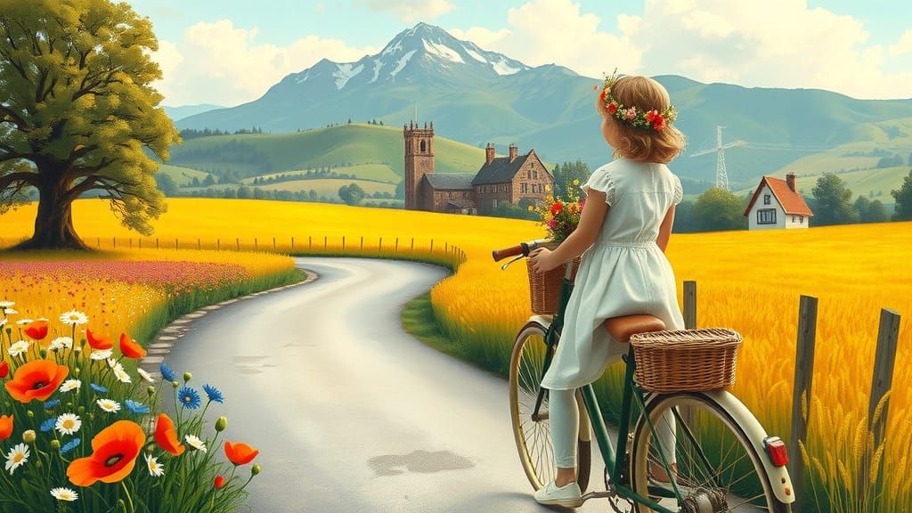 Girl on Vintage Bicycle Amidst Vibrant Wildflowers and Wheat...