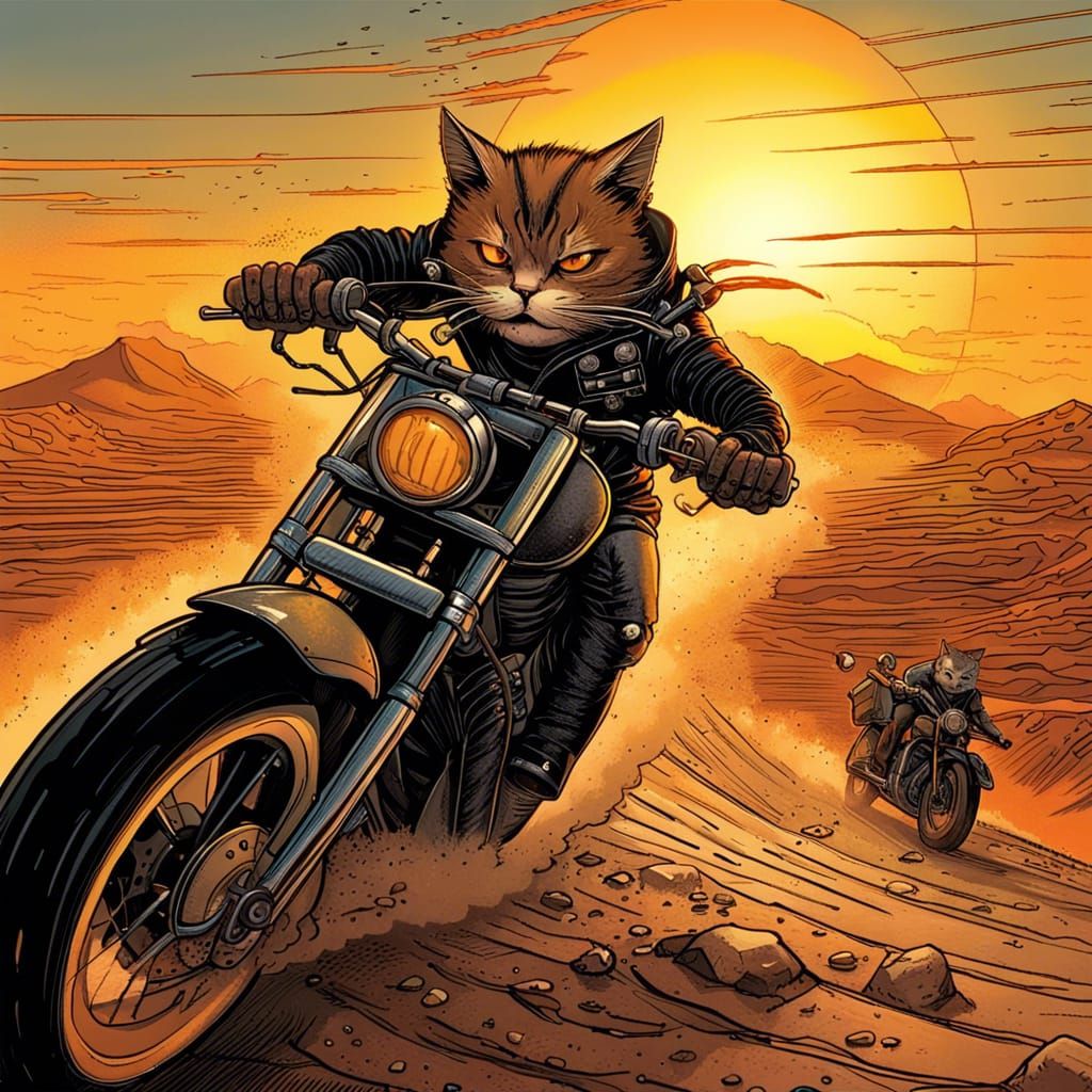 Biker Cat Rides into the Sunset as Comic Book Art