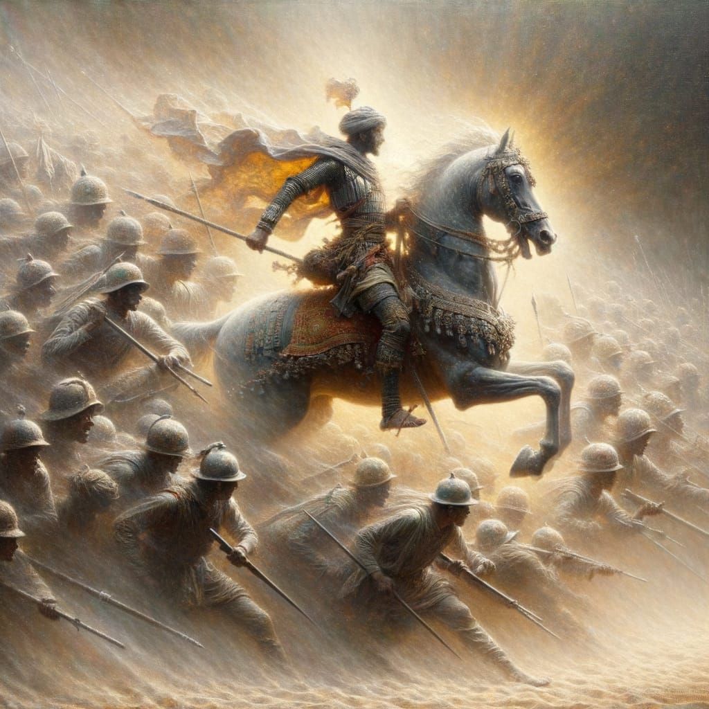 Warrior Rides into Battle with Fallen Soldiers in Spectral C...