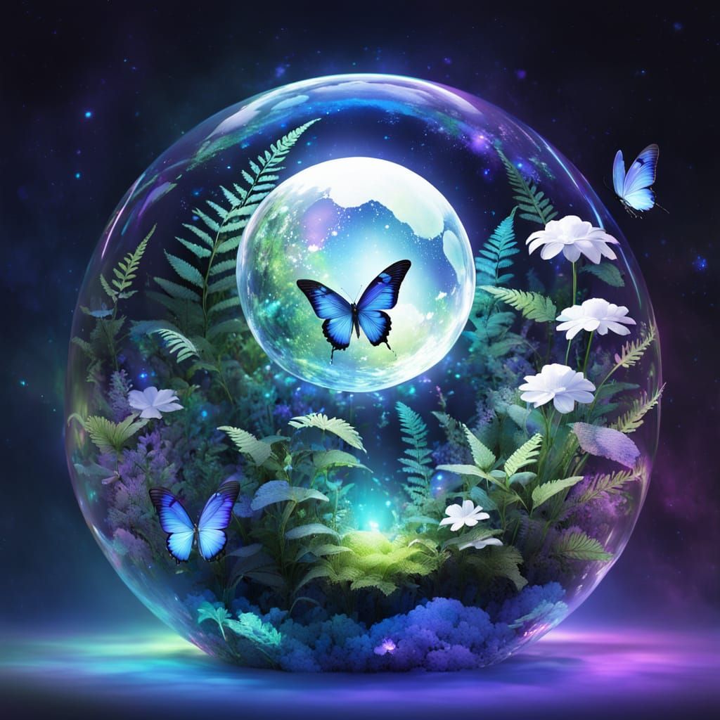 Butterfly in Cyberpunk Sphere Against Aurora Sky