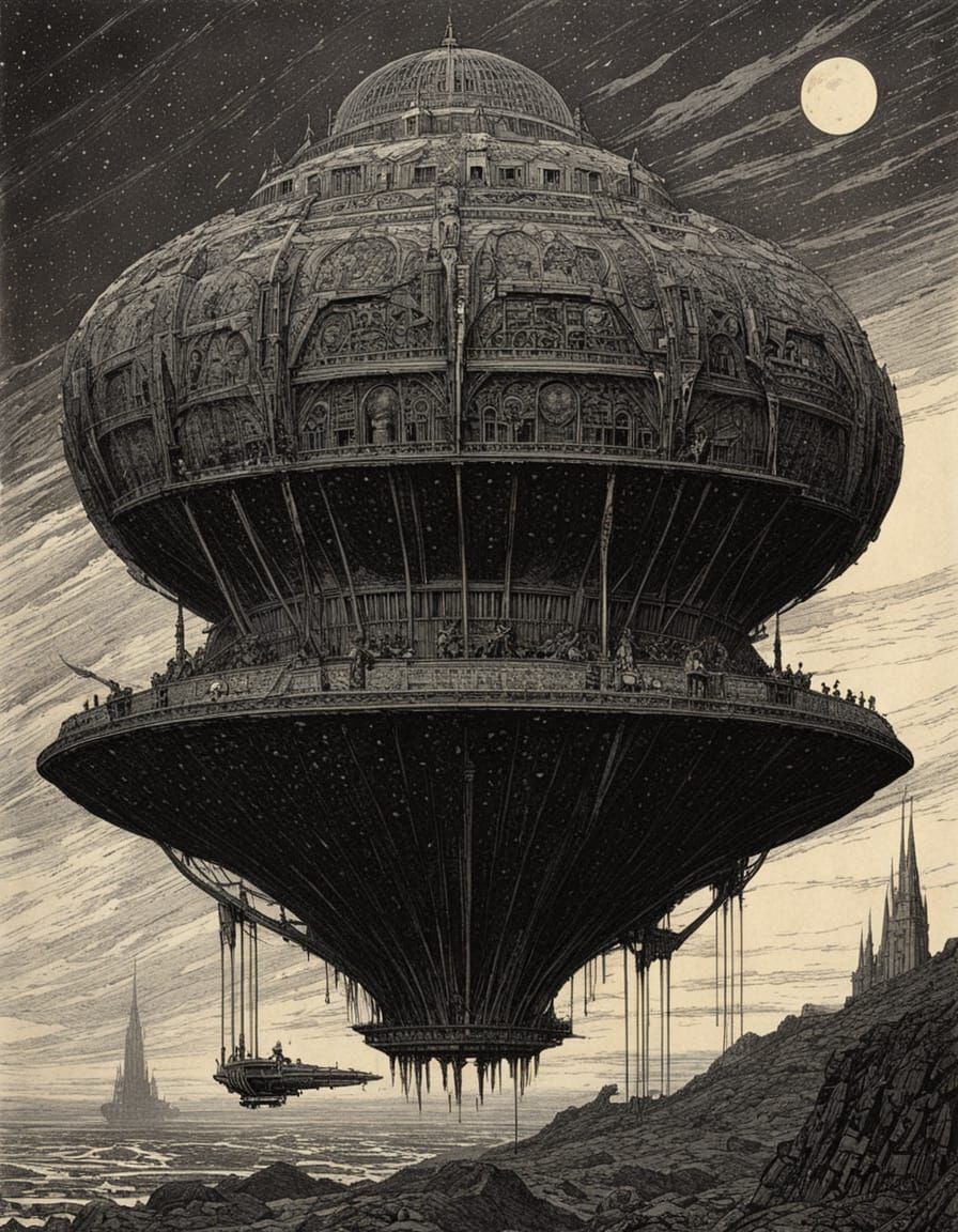 Gothic Sci-Fi Spaceship in Etched Linework Style