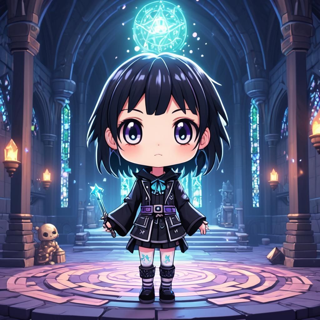 Chibi Wizard in JRPG Temple: 90s Anime Style